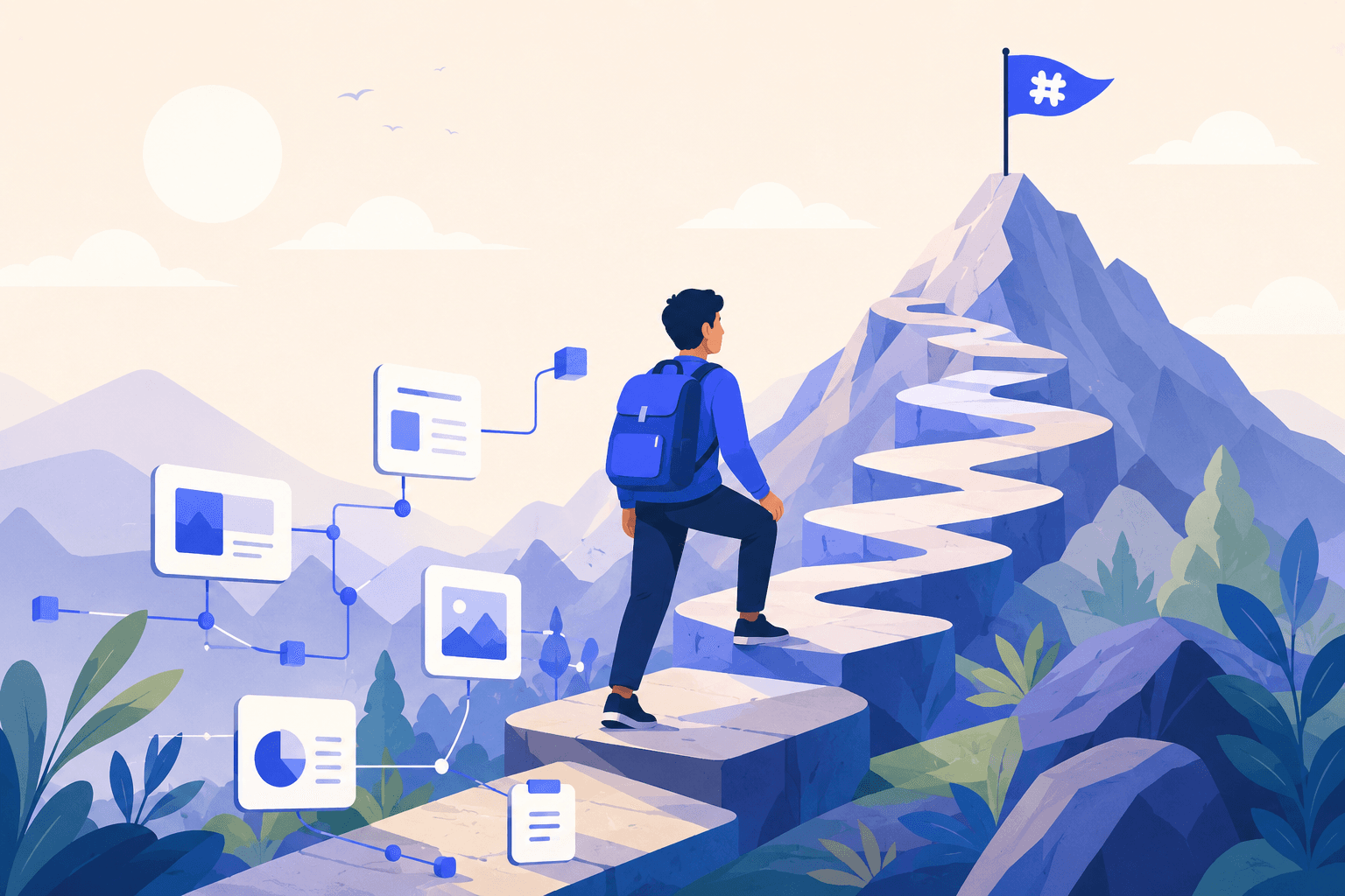 A person climbing a winding stairway up a mountain toward a Symbol-flagged summit, passing a trail of connected knowledge cards along the way.